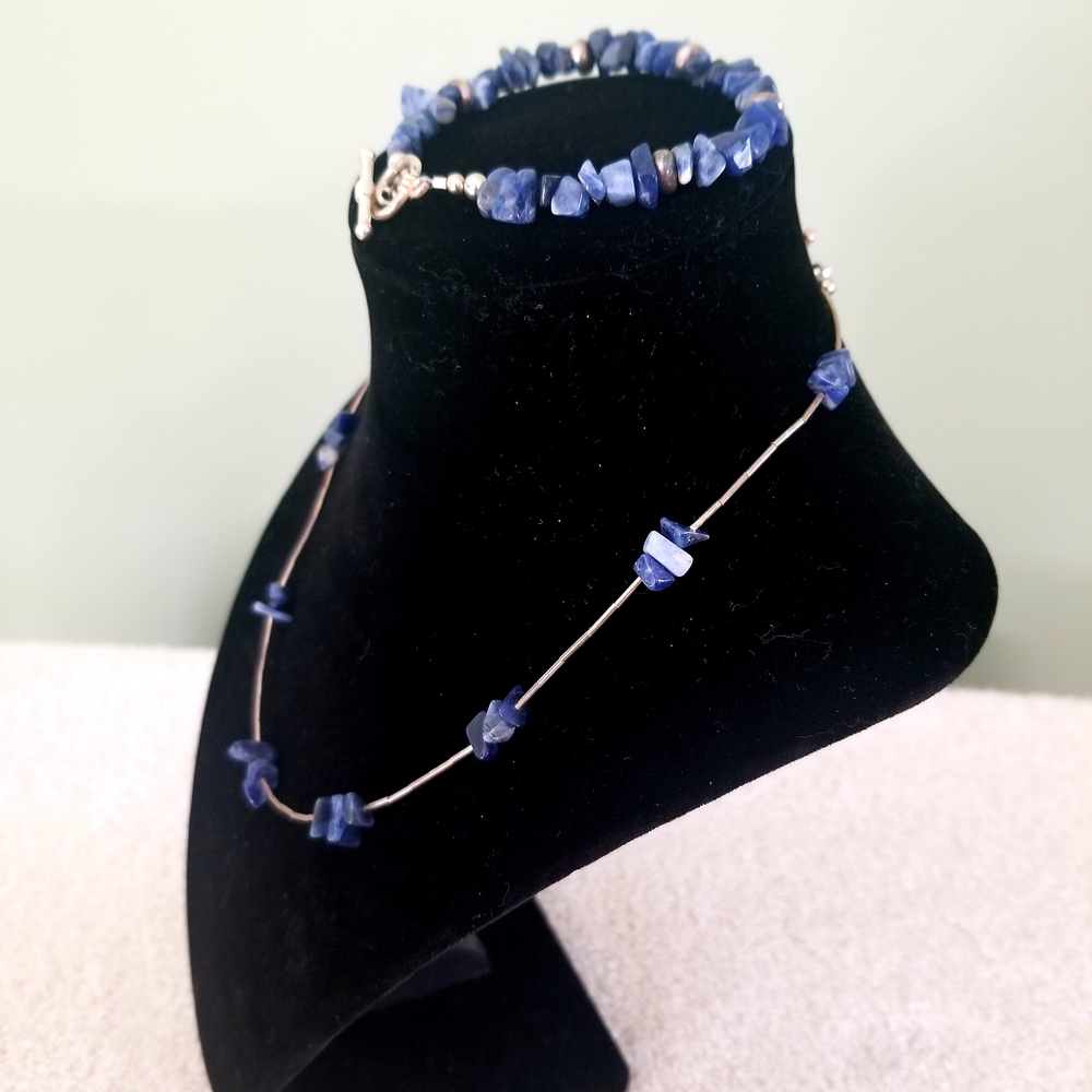 Necklace & Bracelet Set Featuring Sodalite Stones,Silver Accents & Toggle Clasp. - Picture 2 of 5